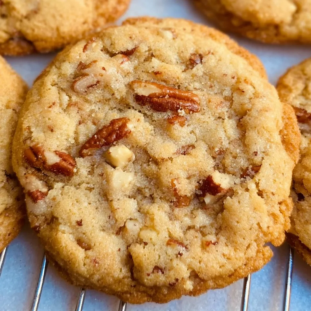 A tray of butter pecan cookies with golden edges and pecan pieces on top. The texture looks soft in the center with a light crunch around the edges. Steam rises slightly, showing they’re fresh from the oven.