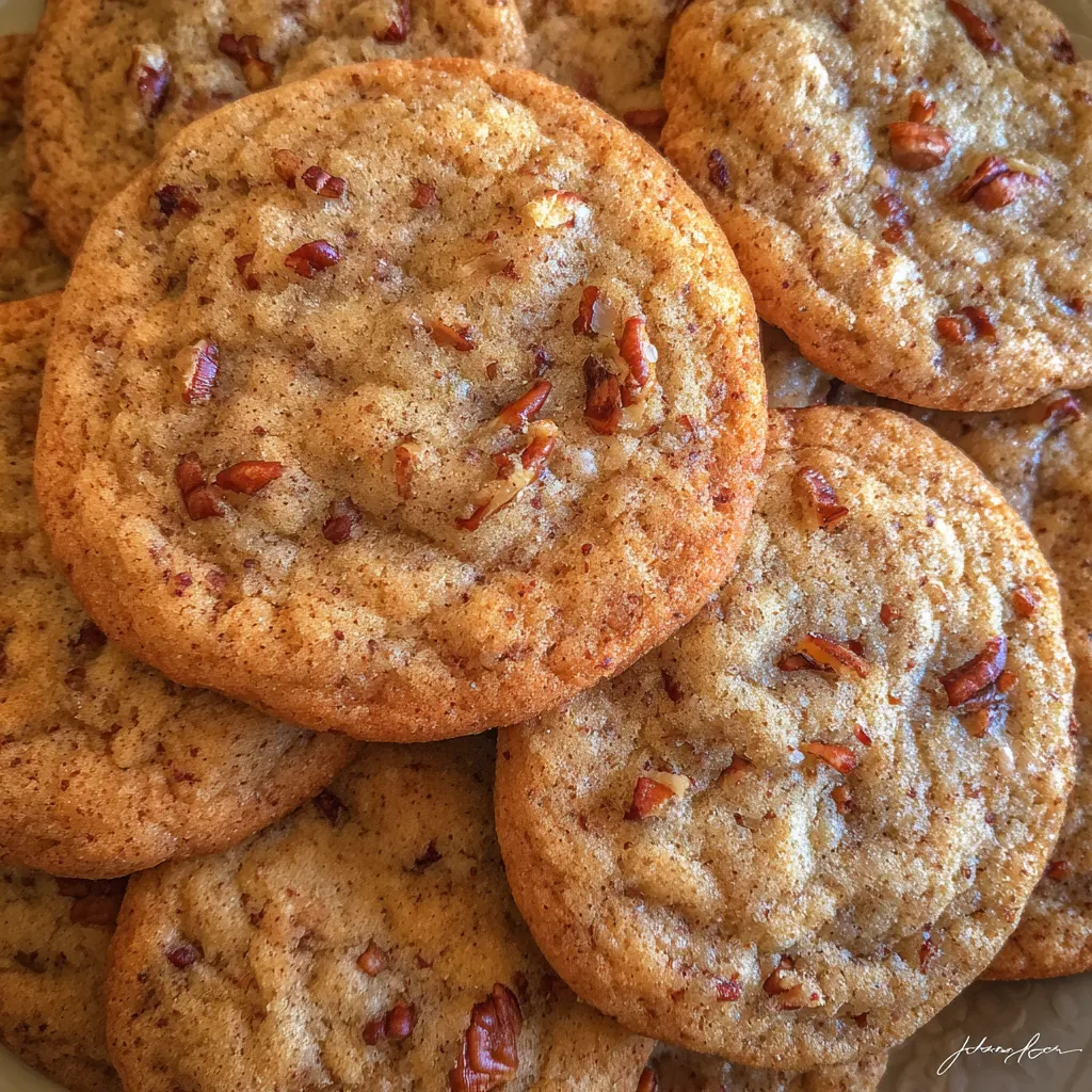 Stack of cookies on a rustic napkin, with pecan halves sprinkled nearby.