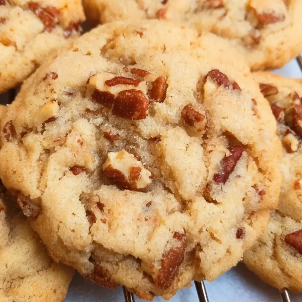 Close-up of a cookie broken in half to reveal a tender, melt-in-your-mouth crumb. Specks of toasted pecans are visible throughout. The surface is lightly crackled and golden.