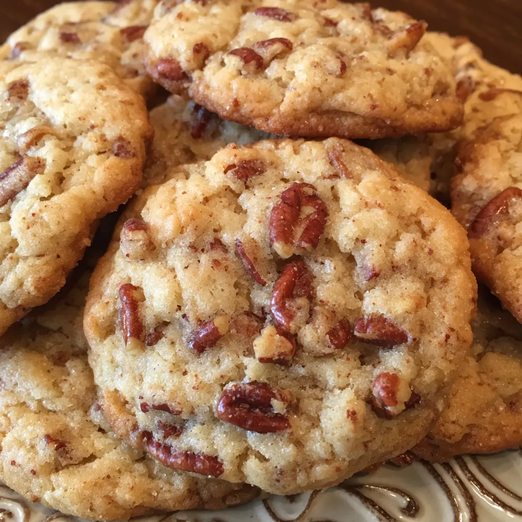 Close-up of a cookie broken in half showing tender, chewy crumb with pecan bits.