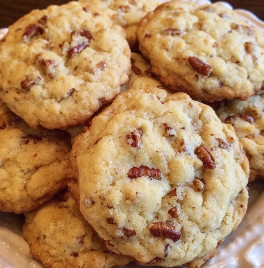 Stack of three cookies on a small plate beside a glass of milk. Crumbs and pecan pieces hint at a delicate, crumbly texture. It’s an inviting, snack-ready moment.