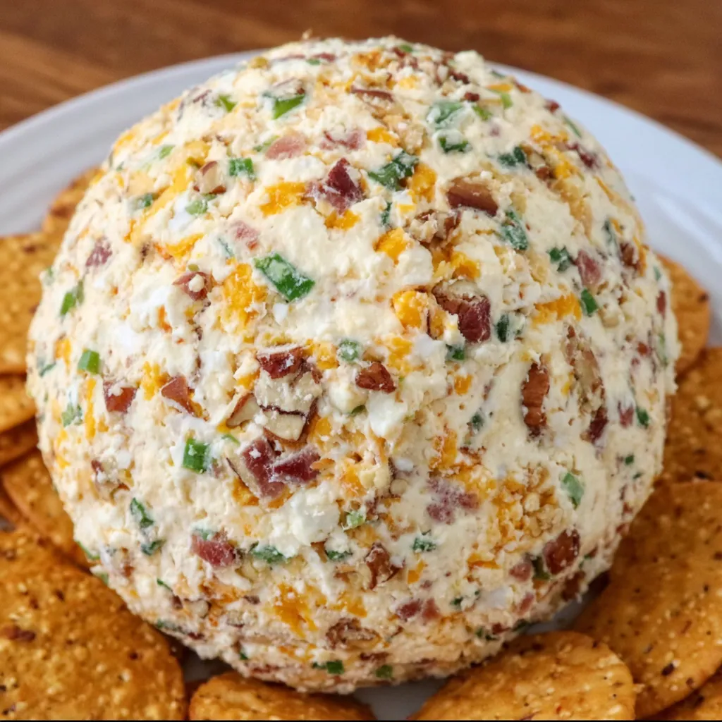 Festive platter with cheddar ranch cheese ball, crackers, and fresh herbs.