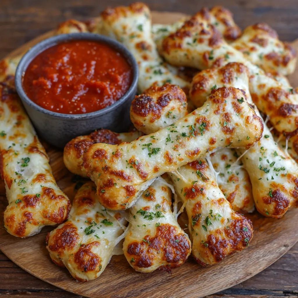 Breadstick bones on a tray served with a bowl of marinara dip.