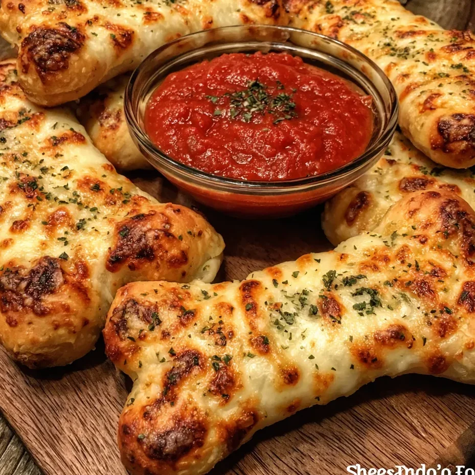 Close-up of golden breadstick shaped like a bone with melted cheese.