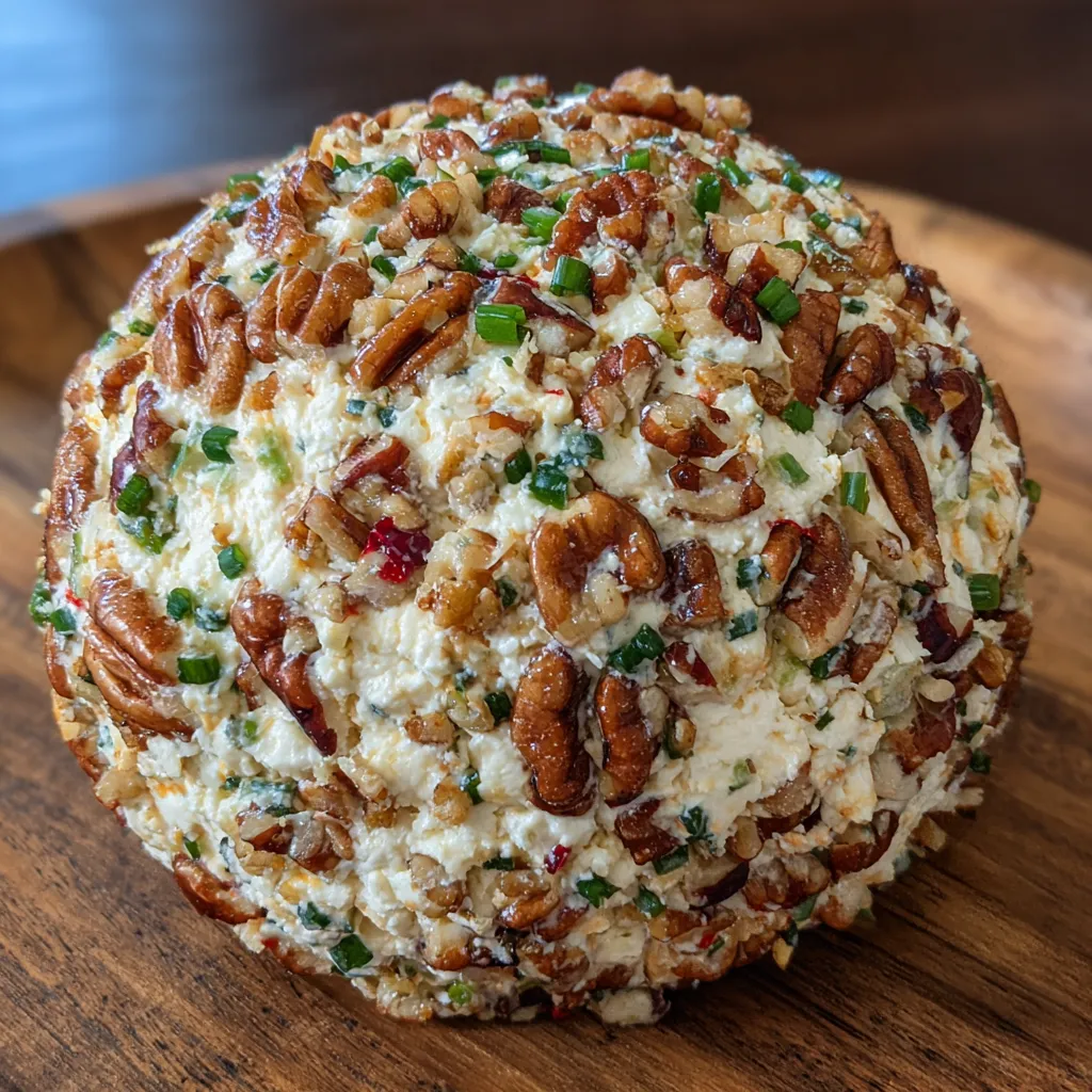 Classic cheese ball coated in chopped pecans, served with crackers and herbs.