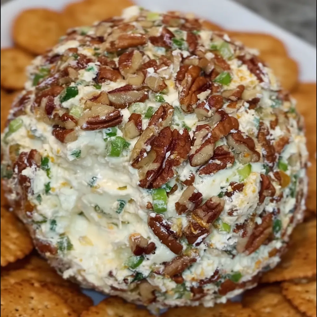 Cheese ball on a platter with crackers, veggies, and festive garnishes.