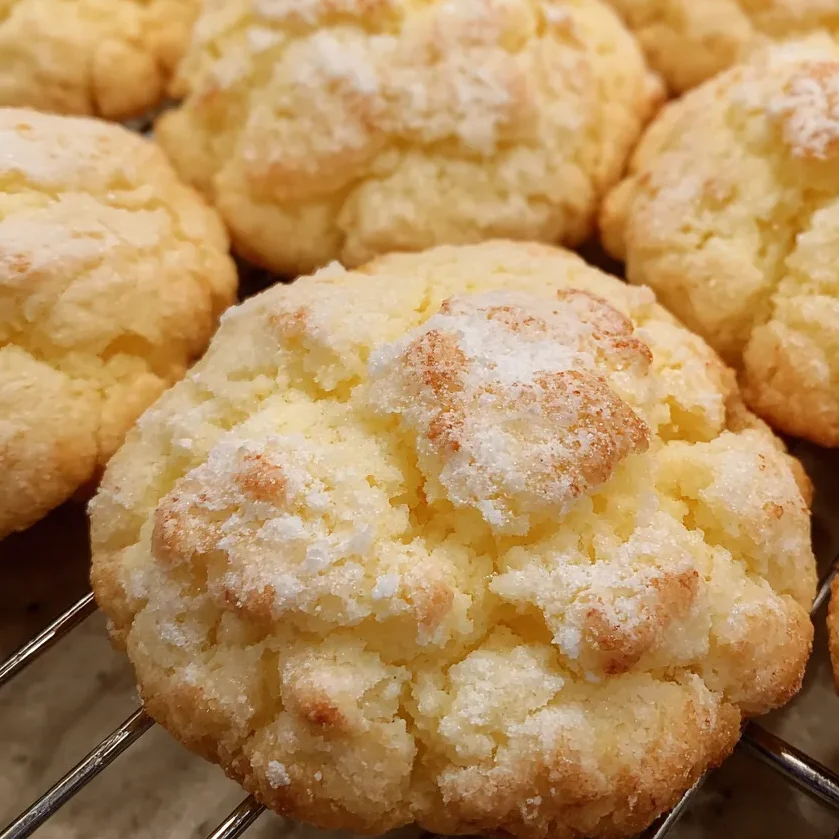 Stack of cream cheese cookies on parchment paper, dusted with powdered sugar.