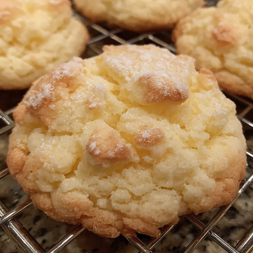 Cooling rack filled with freshly baked cream cheese cookies.
