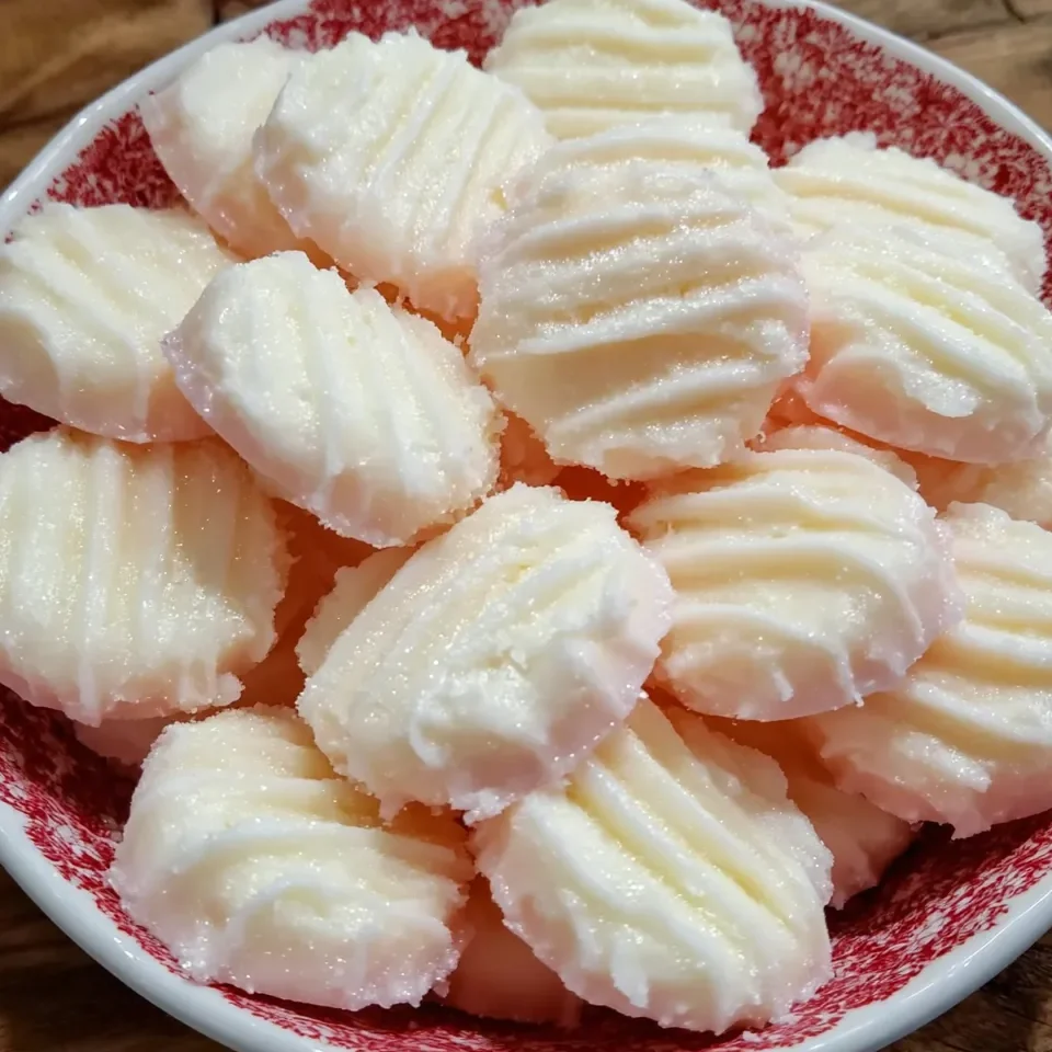 Close-up of pastel-colored cream cheese mints with forked tops dusted in sugar.