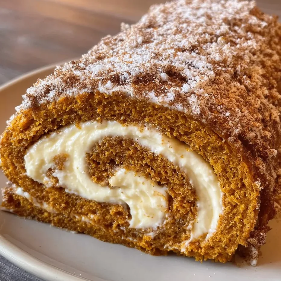 Close-up of pumpkin roll slice with creamy swirl and dusting of powdered sugar.