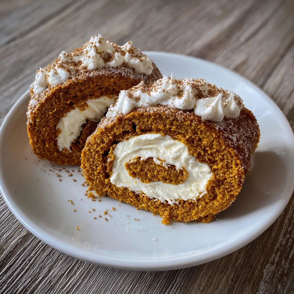 Whole pumpkin roll dusted with powdered sugar and garnished with cinnamon sticks.