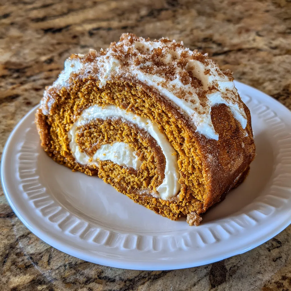 Plate with pumpkin roll slices served alongside a cup of tea, cozy autumn setup.