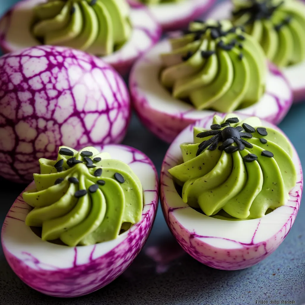 Halloween deviled eggs topped with black olive spiders on a spooky platter.