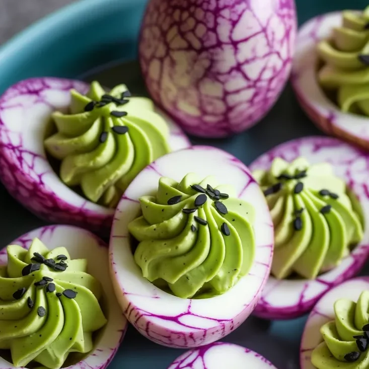 Platter of deviled eggs decorated like eyeballs with olives and red veins.