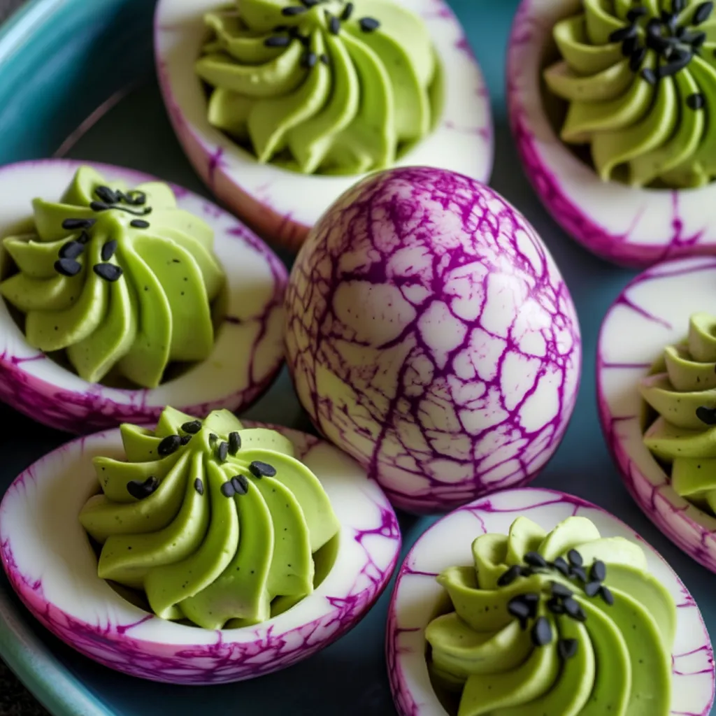 Kids grabbing deviled eggs from a Halloween-themed table.
