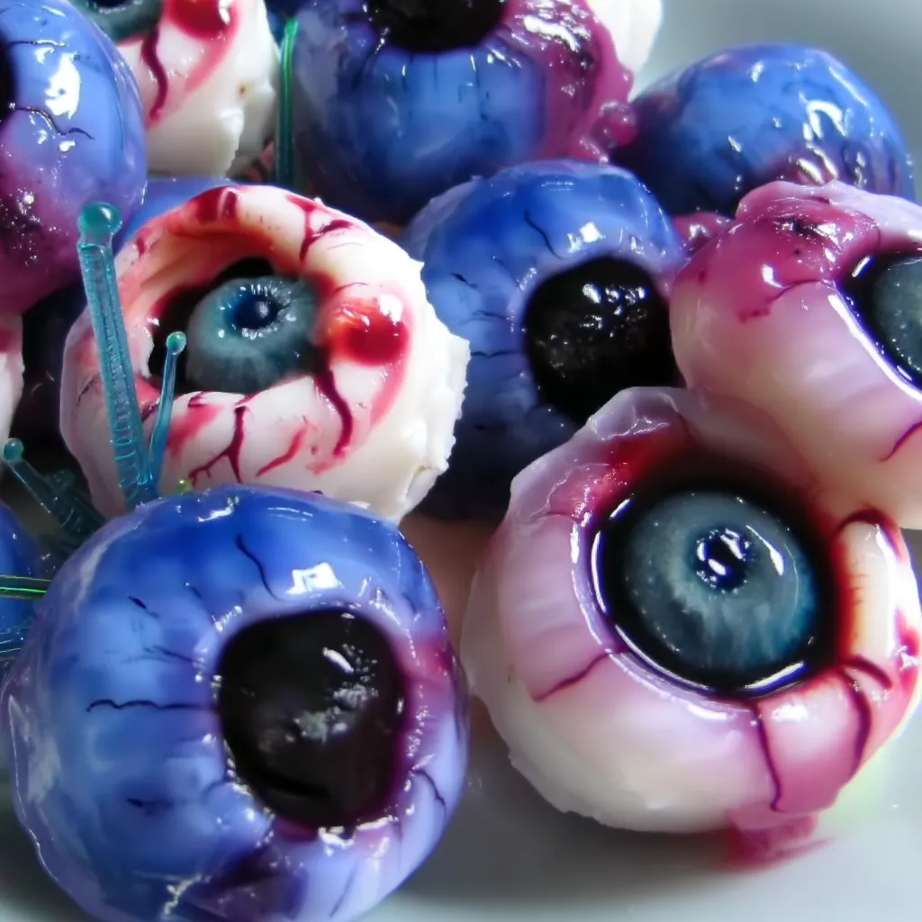 Creepy edible eyeballs with blue irises and red veins arranged on a spooky platter.