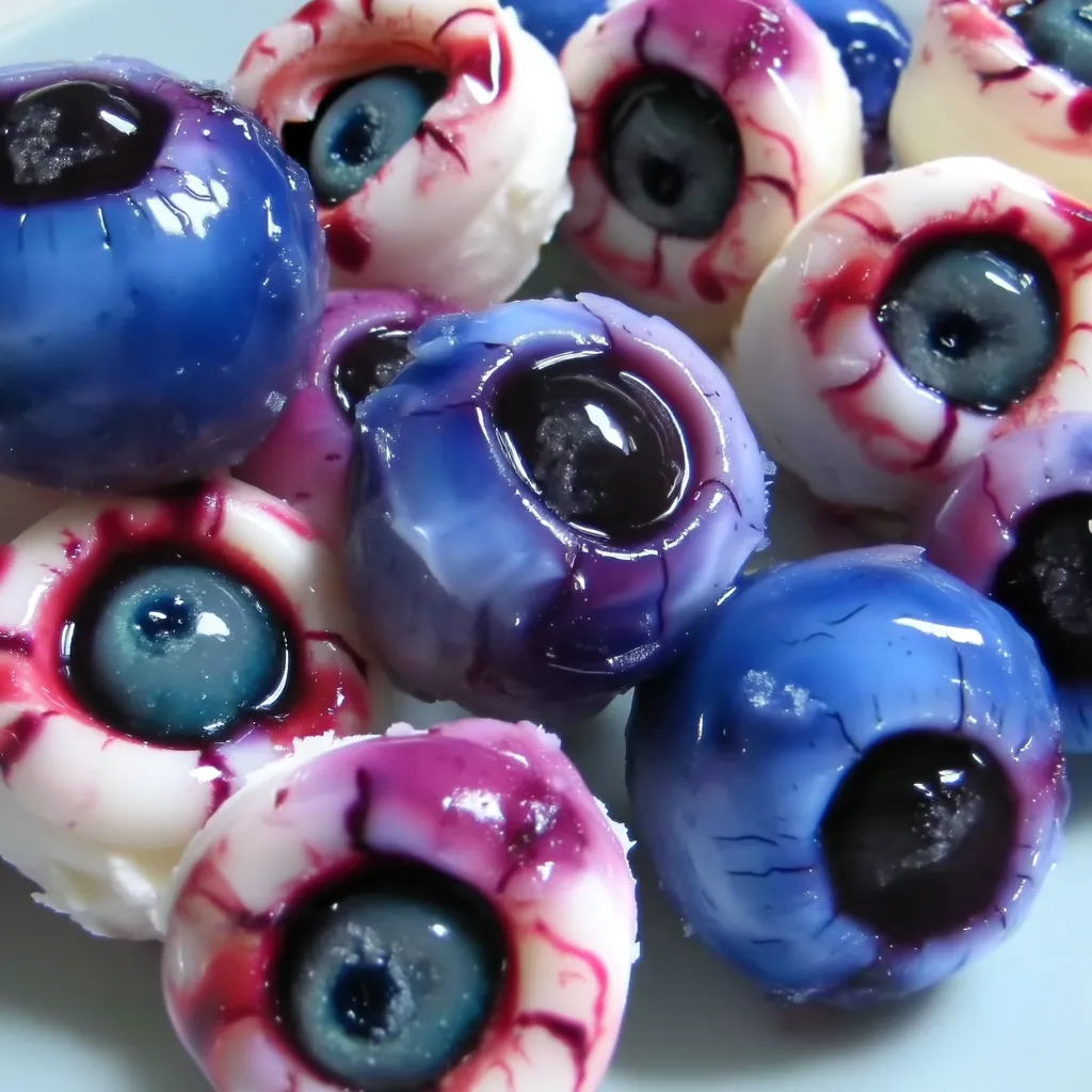 Close-up of edible eyeballs showing blue candy iris and red gel icing veins.