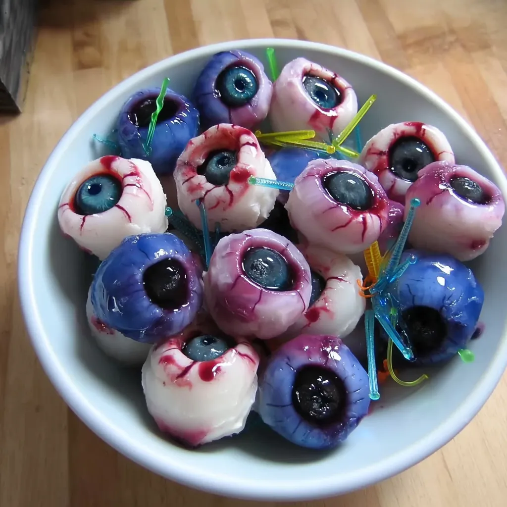 Platter of eyeball treats surrounded by Halloween décor, ready to serve.