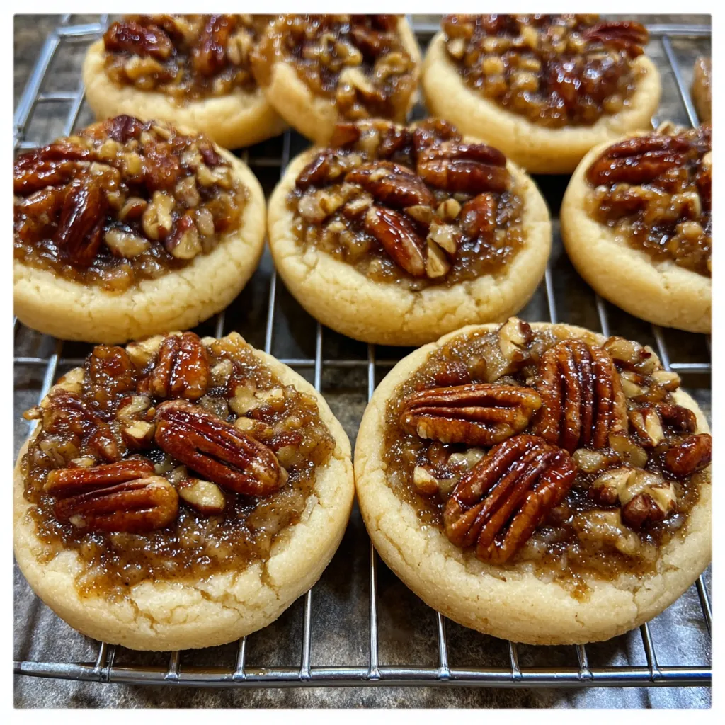 Plate of pecan pie cookies arranged with fall décor like pumpkins and cinnamon sticks.