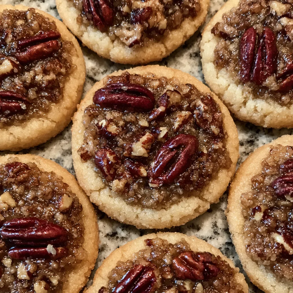 Stack of pecan pie cookies with pecans scattered around.