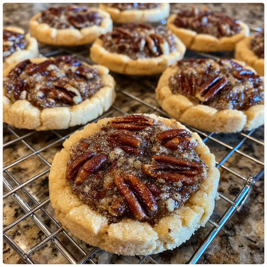 Pecan pie cookies with gooey pecan topping on a baking tray.