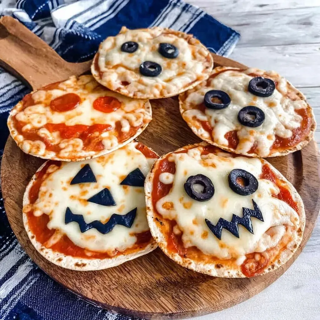 Baking tray with mini pizzas decorated as ghosts, pumpkins, and spider webs.