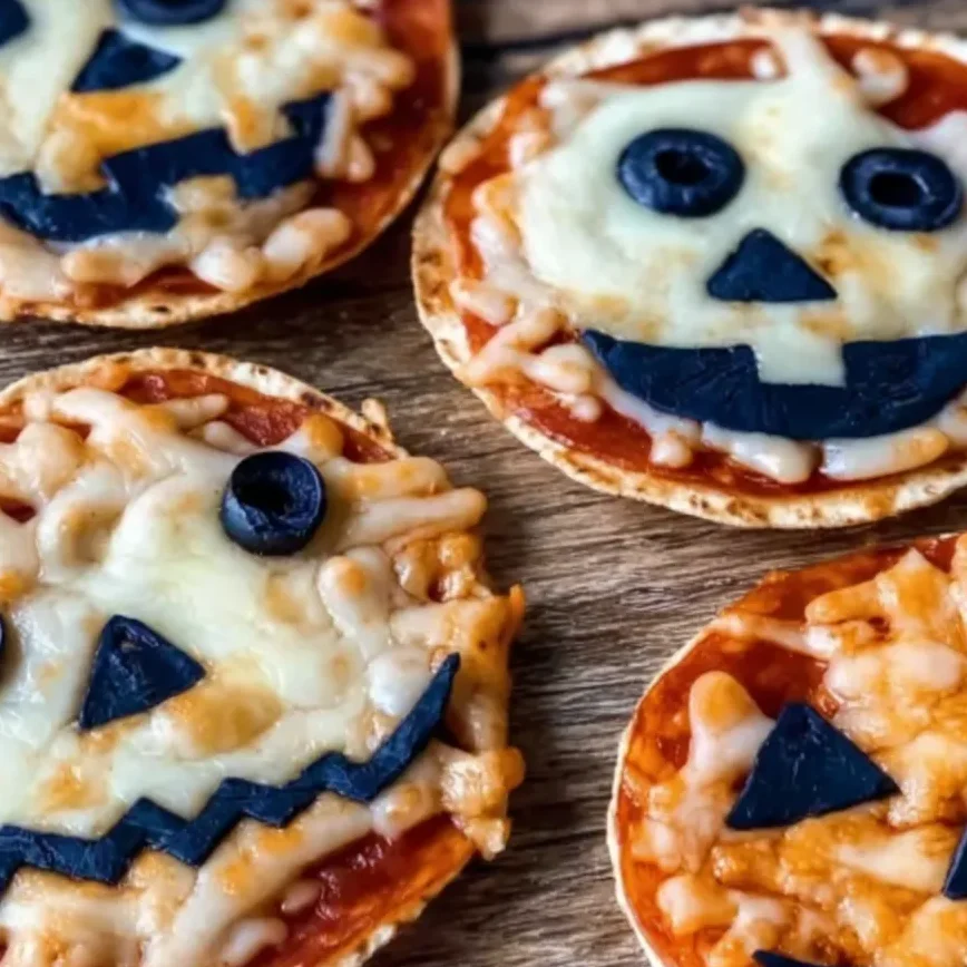 Mini Halloween pizzas decorated as mummies and pumpkins with olives and cheese.