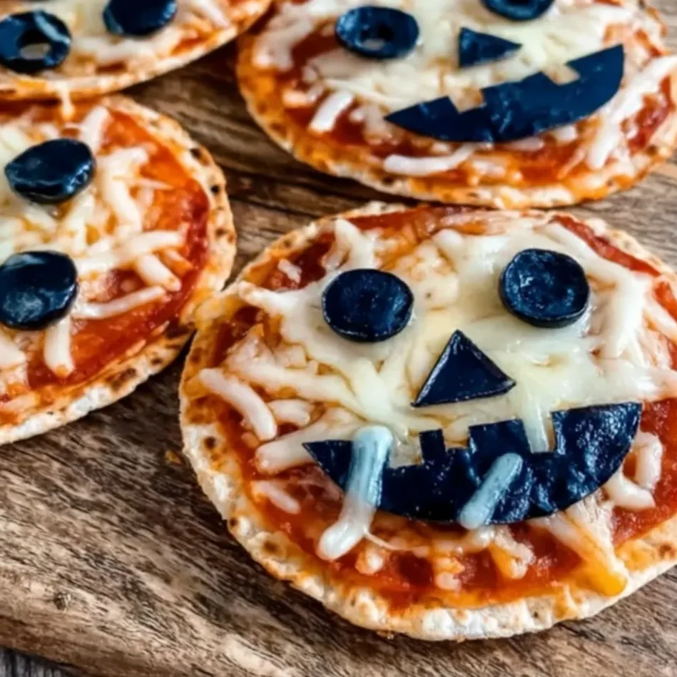 Close-up of mummy pizza made with olive eyes and cheese strips across the top.