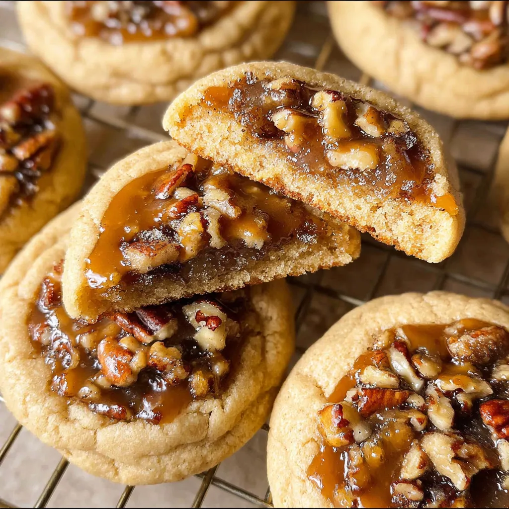 Close-up of a broken cookie showing molten pecan pie filling inside chewy dough.