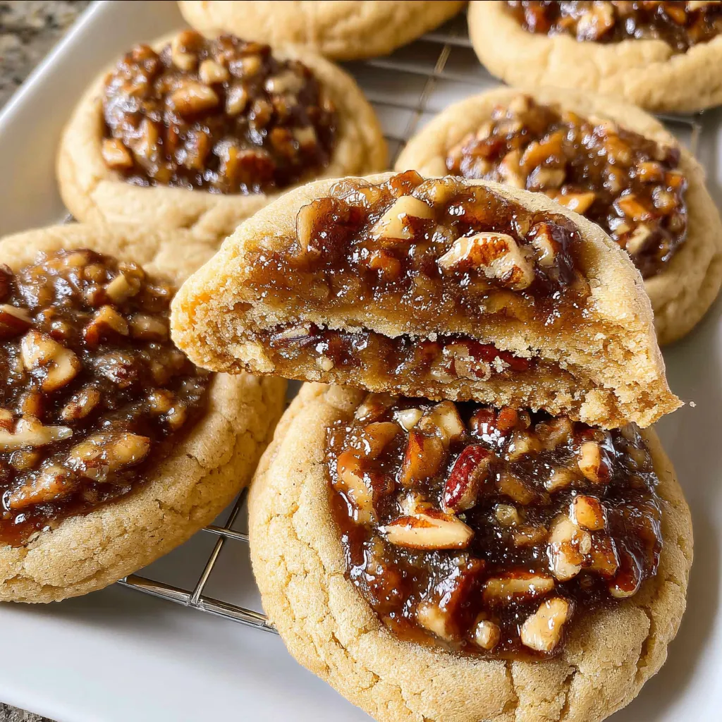 Stack of cookies on a plate, one split open to reveal sticky pecan pie center.