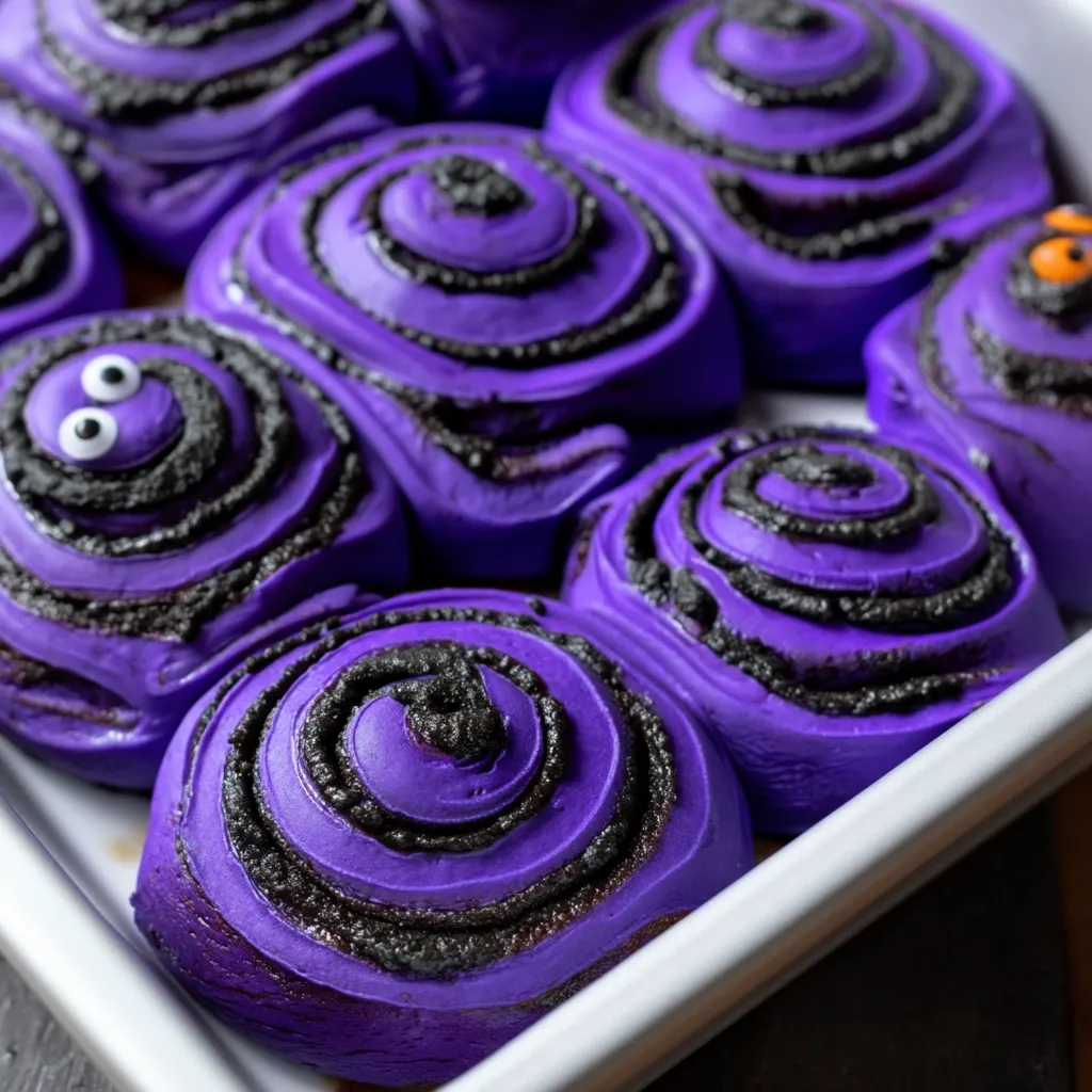 Close-up of a cinnamon roll with candy eyes and orange icing dripping down.