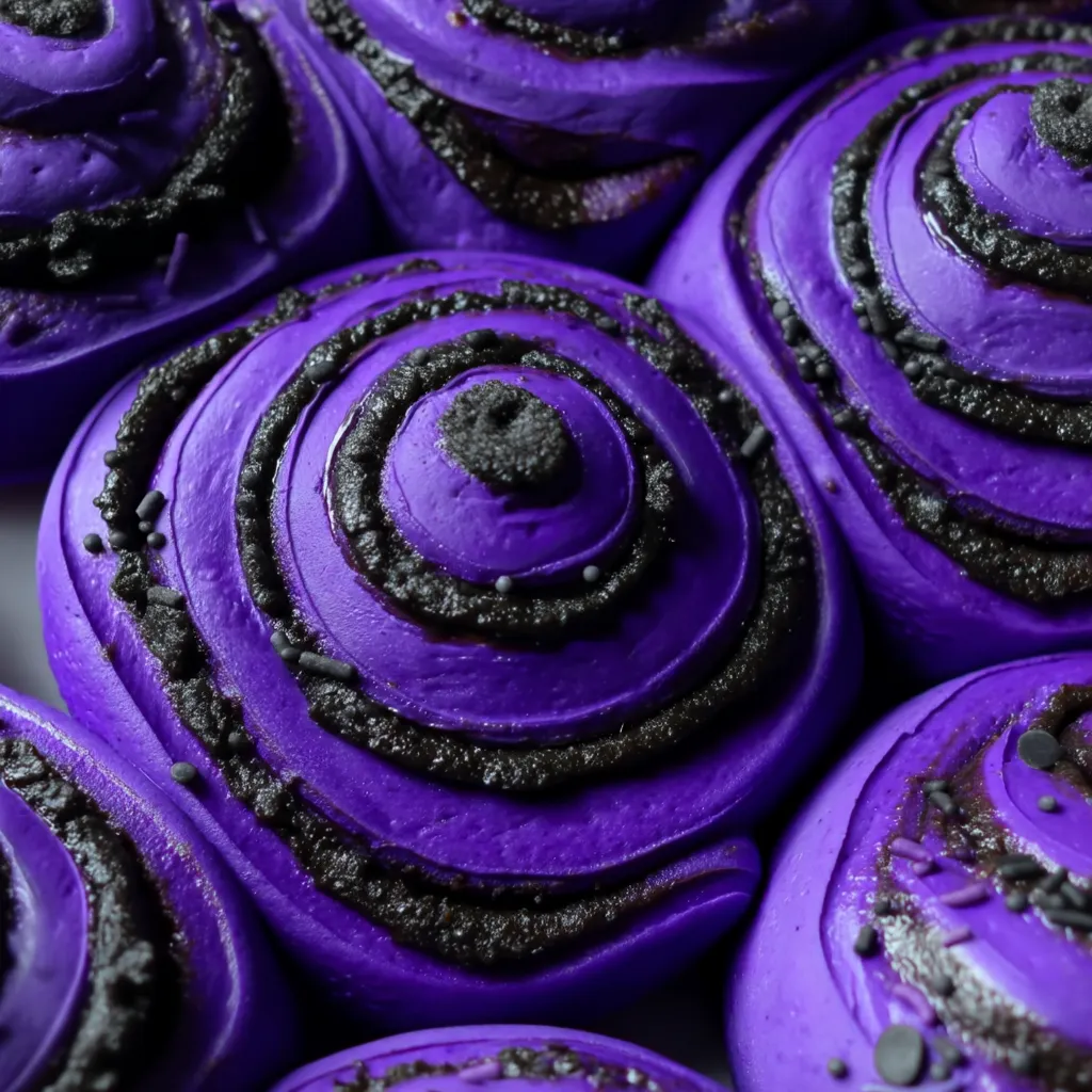Halloween cinnamon rolls decorated with orange and black icing and candy eyes.