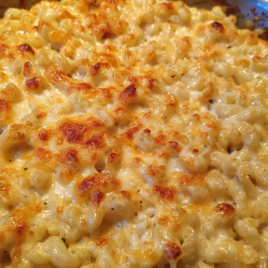 Bowl of macaroni and cheese topped with fresh parsley, creamy and golden baked.