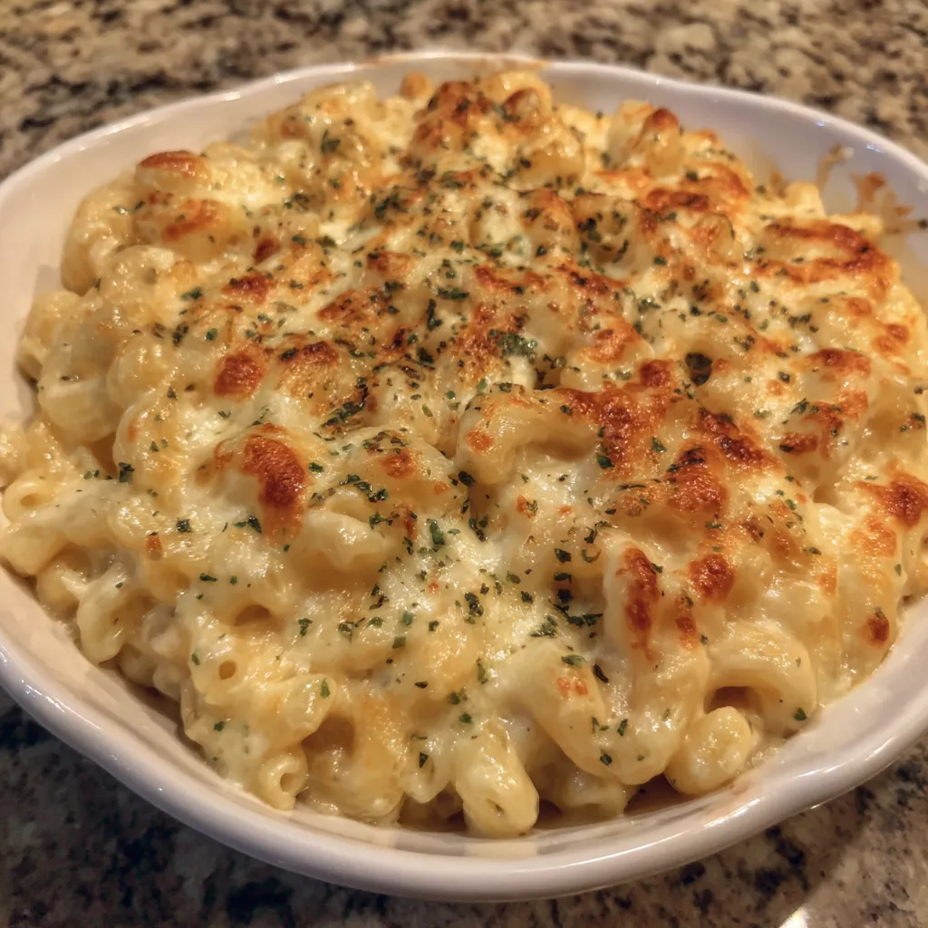 Scoop of baked mac and cheese being served from a casserole dish with melted cheese pull.