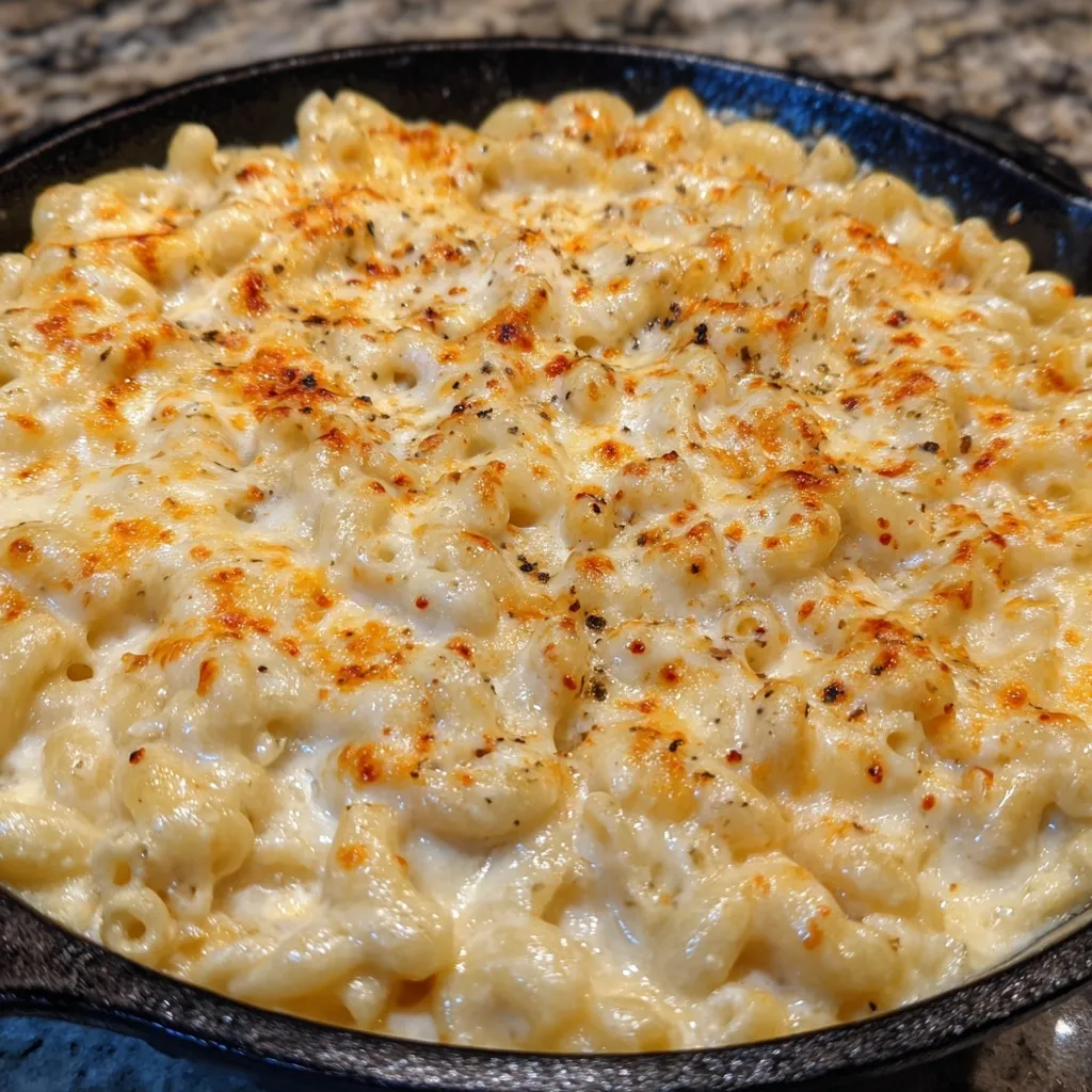 Bowl of macaroni and cheese topped with fresh parsley, creamy and golden baked.