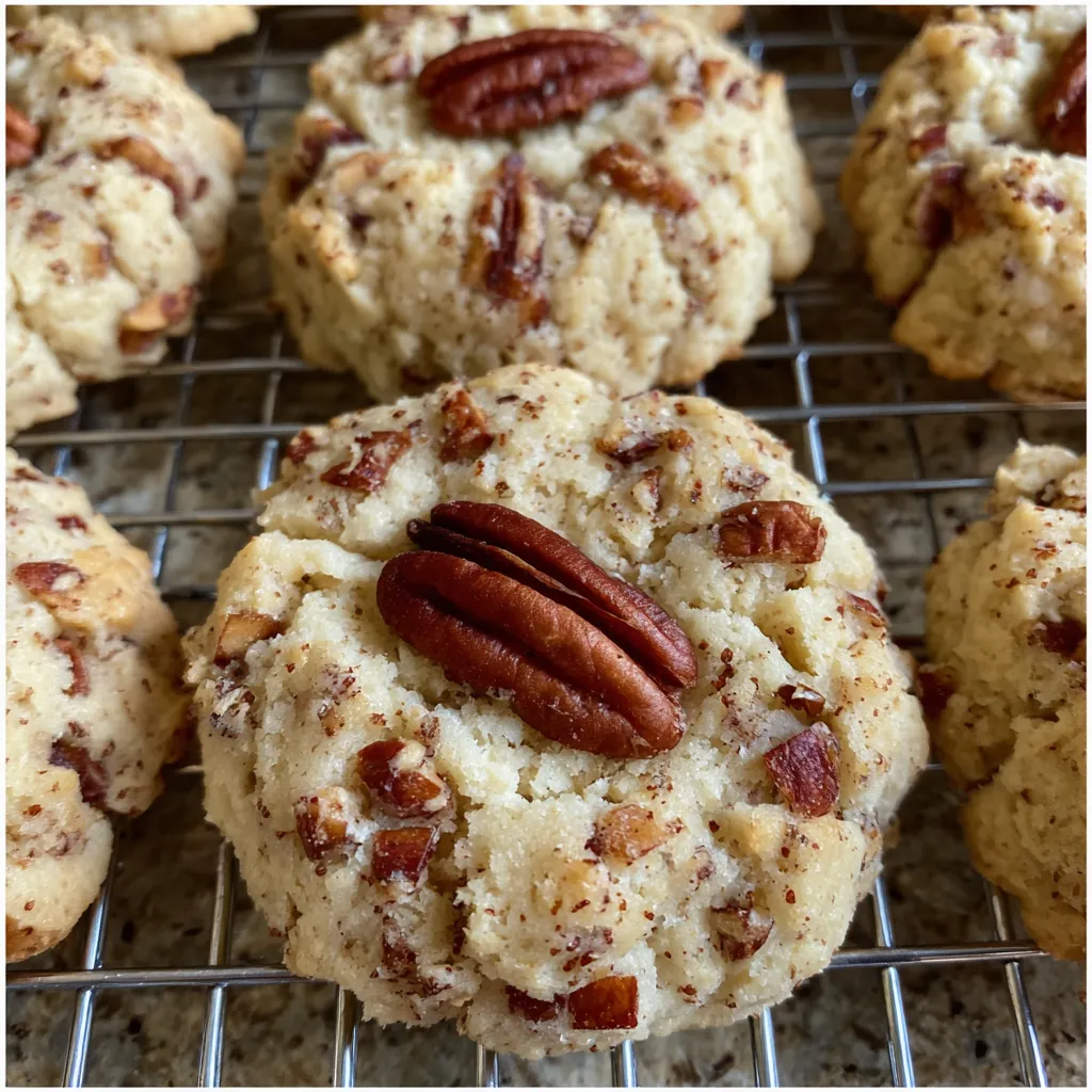 Maple pecan cookies stacked on a plate with pecan halves and golden edges.
