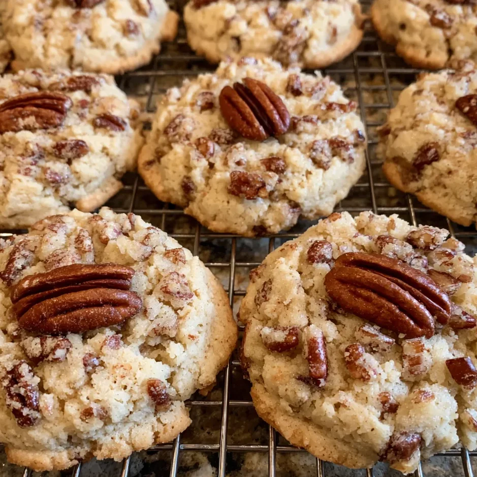 Close-up of a cookie with a pecan half pressed into the center, golden and crumbly.