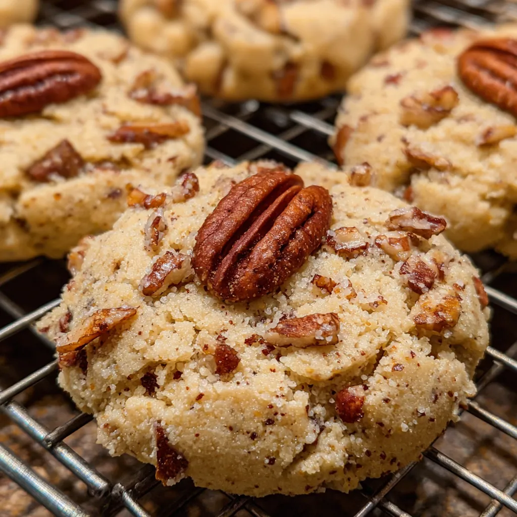 Baking tray filled with freshly baked maple pecan cookies cooling on parchment.