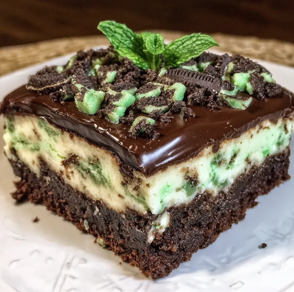 Slice of Thin Mint cheesecake brownie cake with rich layers of fudge brownie and green mint cheesecake.