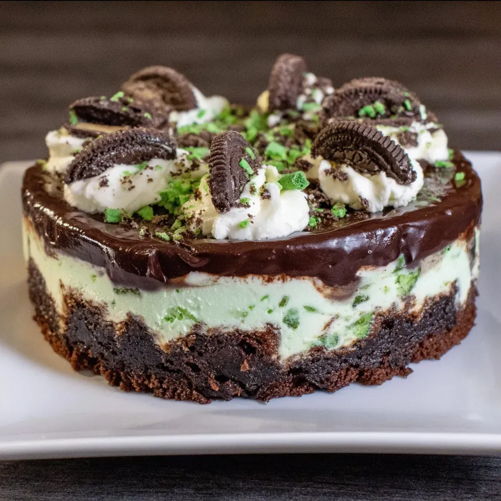 Close-up of mint cheesecake layer sandwiched between fudgy brownies with creamy topping.