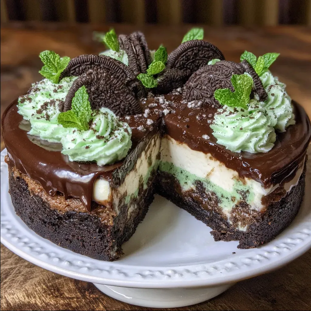 Whole Thin Mint cheesecake brownie cake with glossy chocolate topping and mint garnish.