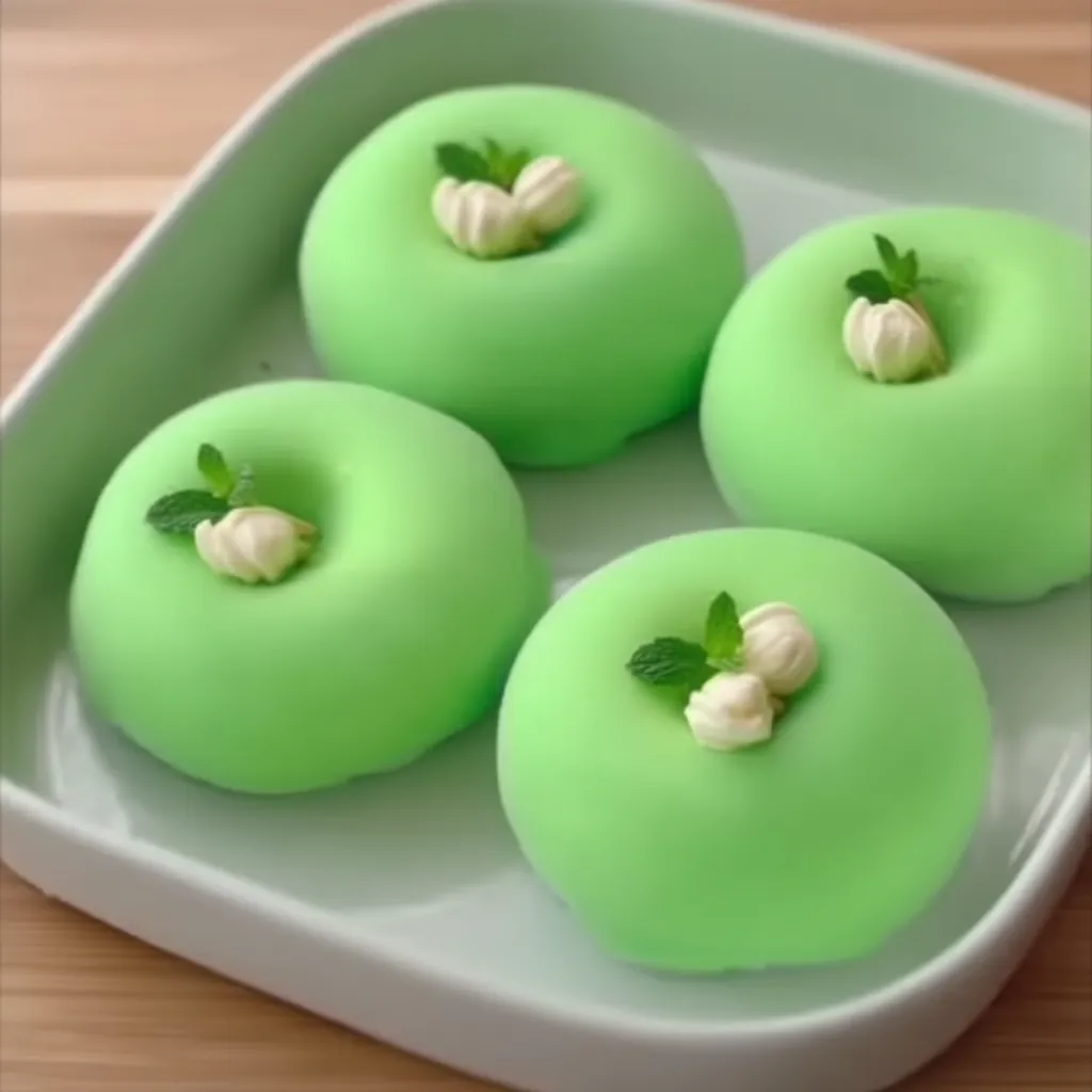 Close-up of creamy homemade cheese with melon cubes and mint leaves.