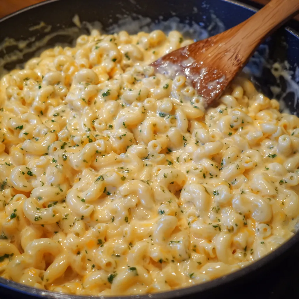 Creamy no-roux mac and cheese served in a bowl with gooey melted cheddar.