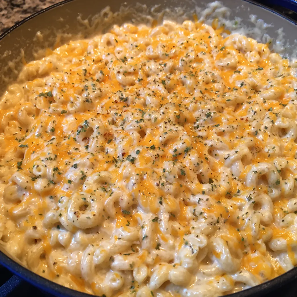 Close-up of cheesy macaroni with smooth, clump-free sauce coating every bite.