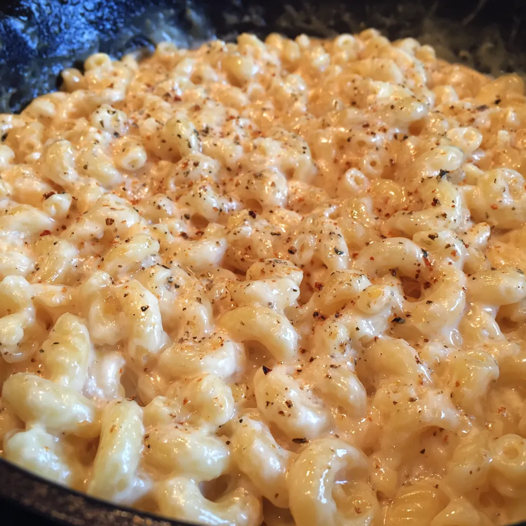 Pot of freshly made mac and cheese with a silky cheddar sauce.