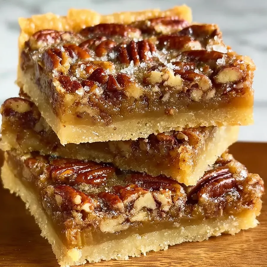 Golden pecan pie bars with a buttery shortbread crust and gooey pecan topping.