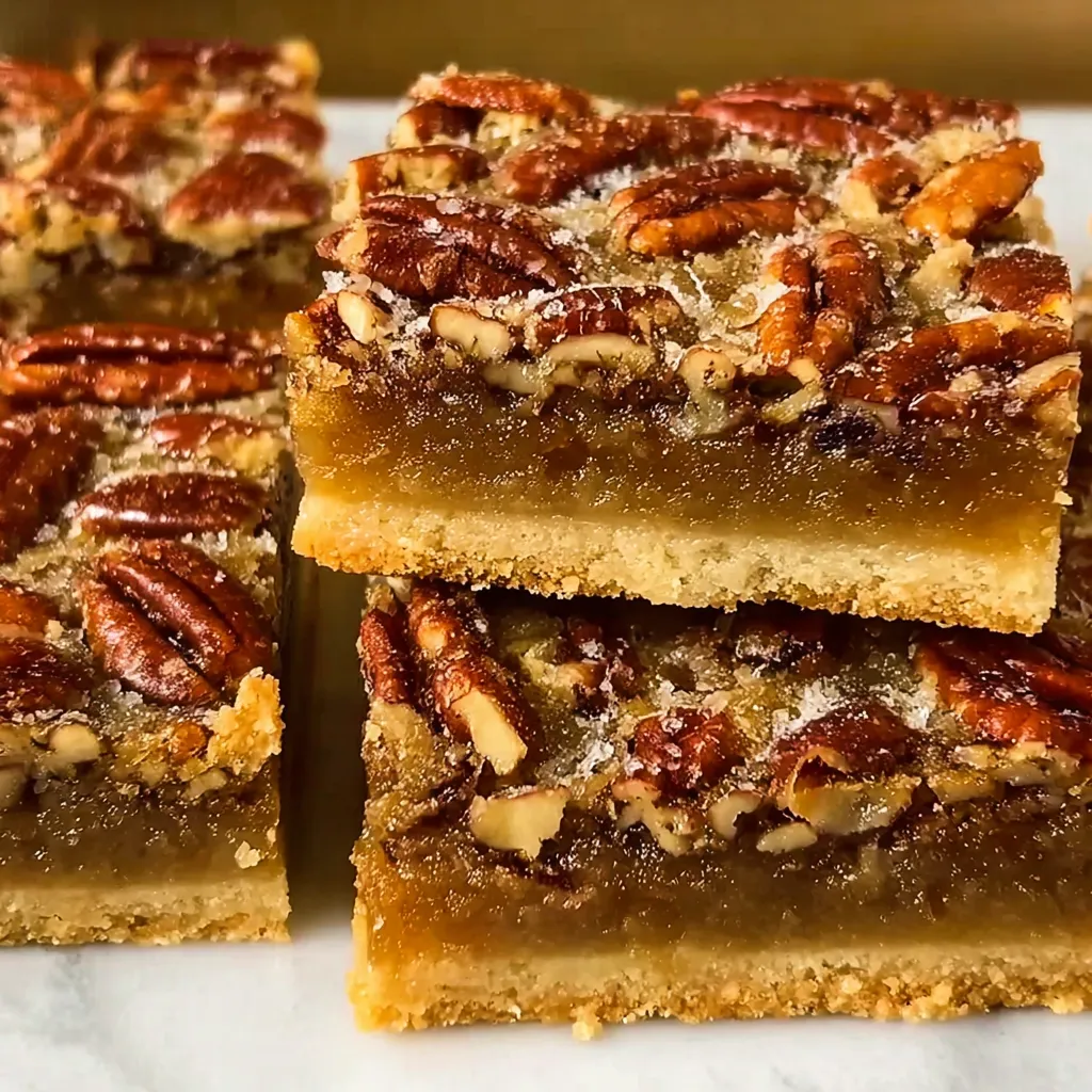 Close-up of sliced pecan pie bars showing crunchy pecans and caramel-like filling.