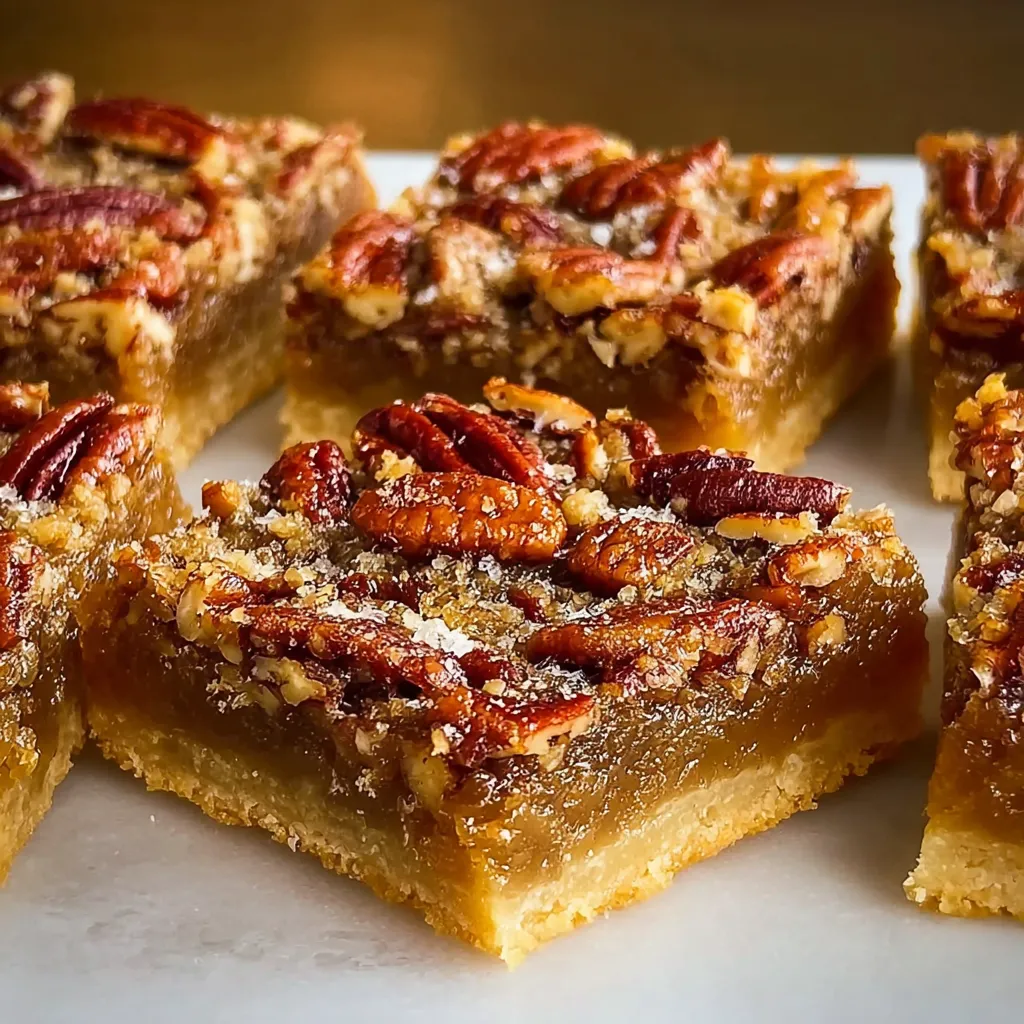 Cooling rack with pecan pie bars cut into squares, pecans glistening on top.