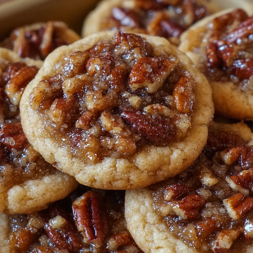 Golden pecan pie cookies with gooey pecan topping cooling on parchment.