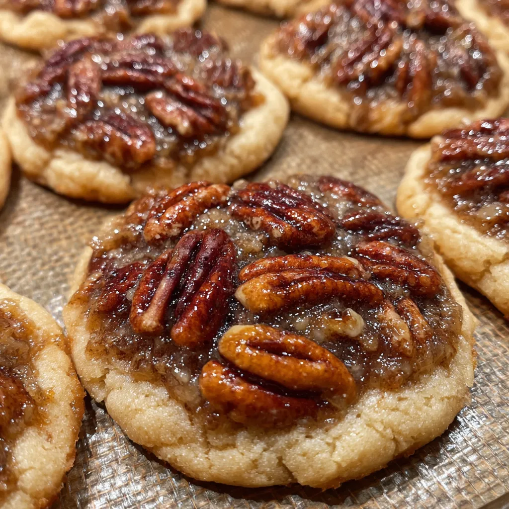 Golden pecan pie cookies with gooey pecan topping cooling on a rack.